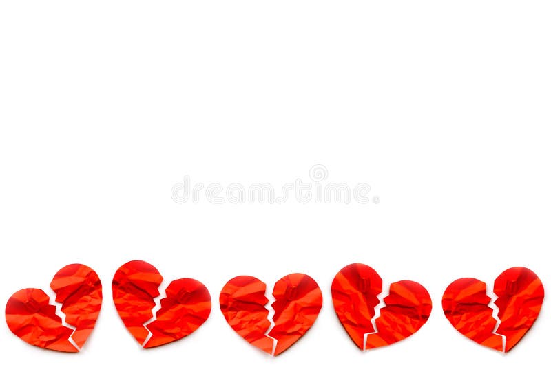 Border of many Red paper broken hearts on white background. Love concept. Divorce. Copyspace. Border of many Red paper broken hearts on white background. Love concept. Divorce. Copyspace