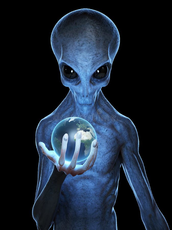 a grey alien holding the earth stock illustration