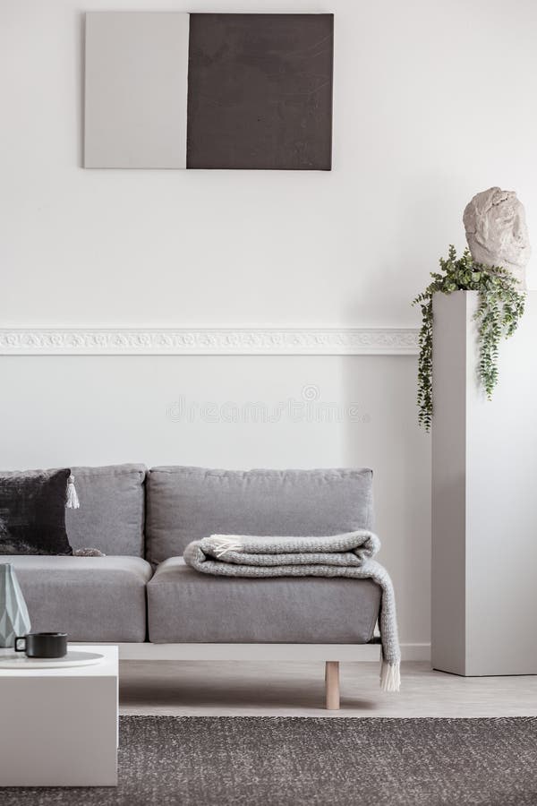 Grey Blanket and Black Pillow on Comfortable Sofa in Stylish Living