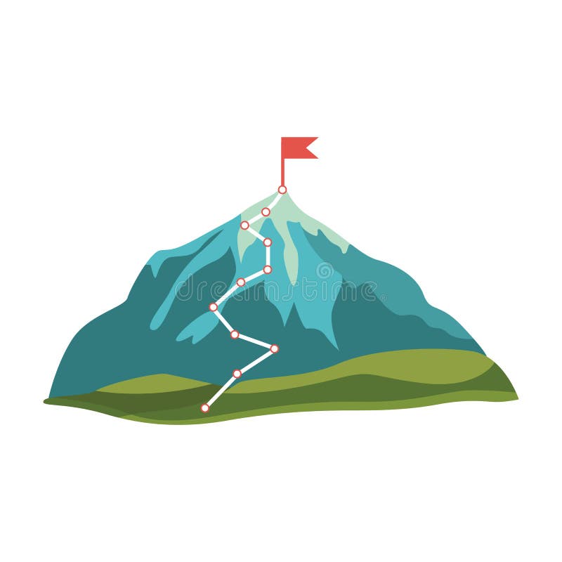 Grey, blue cartoon mountain and rock with green hills and red flag on peak.