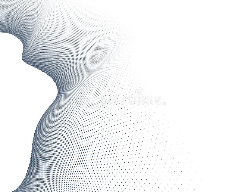 Grey dots in 3D perspective vector abstract background, dotted pattern cool design, wave stream of science technology or business stock illustration