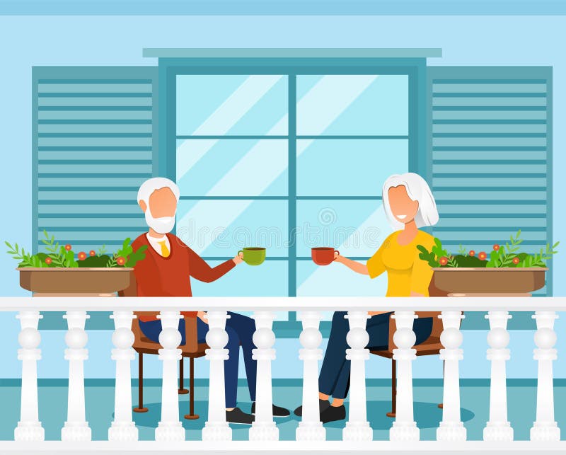 Grey elderly couple is drinking coffee on balcony. Concept of neighborhood and staying at home. Cute old man and woman drink tea on floral terrace. Flat cartoon vector illustration