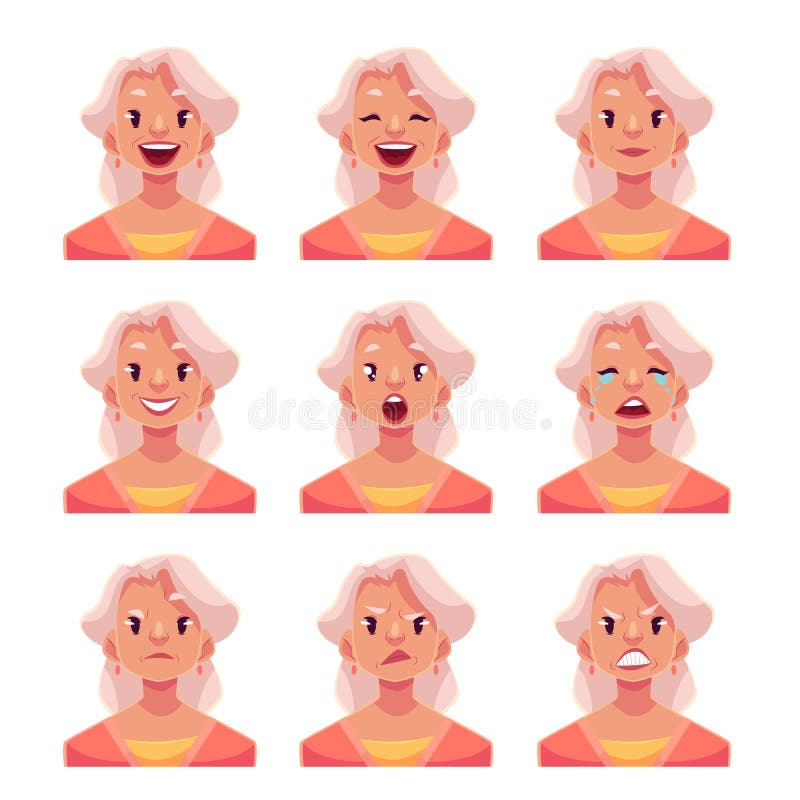 Grey haired old lady face expression, set of cartoon vector illustrations isolated on white background. Old woman, grandmother emoji face icons, set of female avatars with different emotions. Grey haired old lady face expression, set of cartoon vector illustrations isolated on white background. Old woman, grandmother emoji face icons, set of female avatars with different emotions