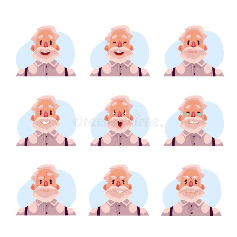 Grey haired old man face expression, set of cartoon vector illustrations isolated on blue background. Old man, grandfather emoji face icons, set of male avatars with different emotions. Grey haired old man face expression, set of cartoon vector illustrations isolated on blue background. Old man, grandfather emoji face icons, set of male avatars with different emotions