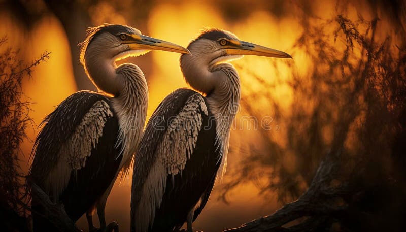 Grey herons at sunset