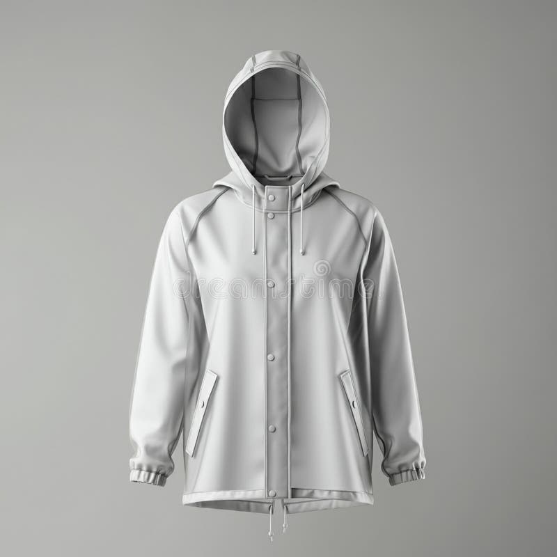 Grey hooded jacket displayed on a neutral background. Features include a front zipper, snap buttons, and adjustable drawstrings on the hood and hem. Sleeves are long with elastic cuffs for a snug fit. Two angled pockets with button closures are present on each side. The jacket s fabric appears smooth and slightly reflective, suggesting a water-resistant material, suitable for outdoor wear or light rain. Simple, stylish, and functional design.