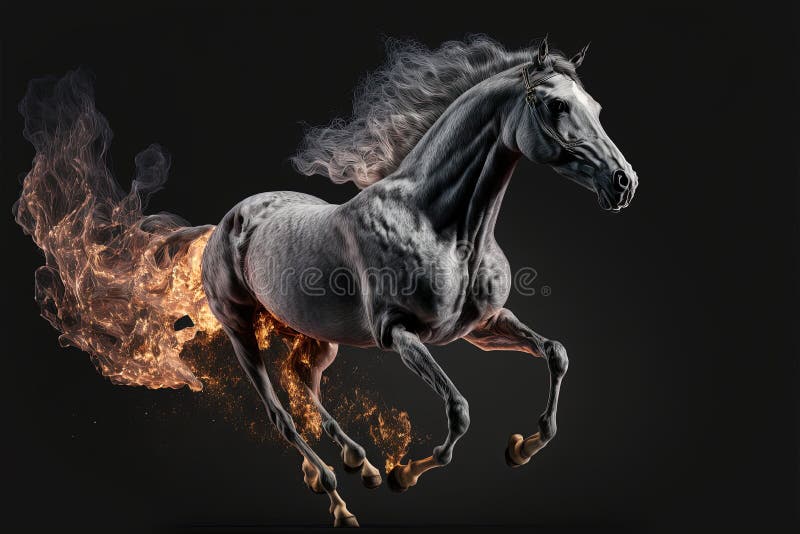 Grey Horse Running between Fire Flame. Generative AI Stock Illustration