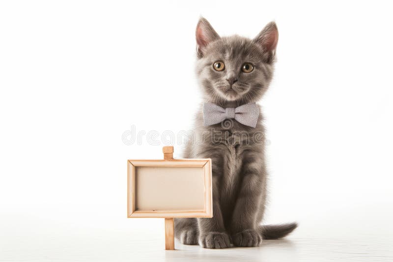 Grey kitten with a bow tie sitting behind a small empty signpost, created with generative ai AI generated