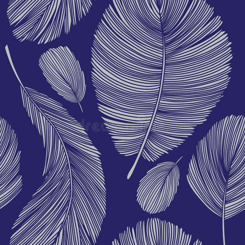 Grey Line Drawing Feathers Seamless-Muster auf blauem Hintergrund lizenzfreie abbildung