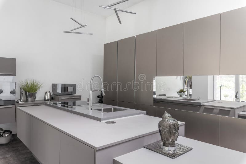Modern Kitchen with Island and Silver Accessories Stock Image Image of elegant, home 210418601