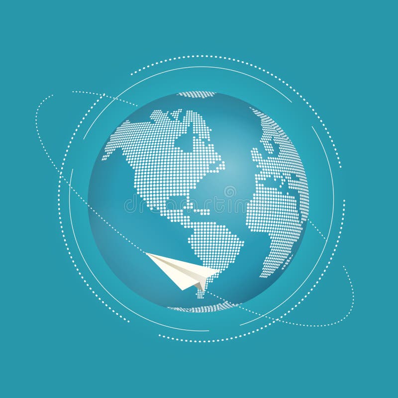 Paper plane flying around the world. Planet earth with pixel world map with view on USA. vector illustration