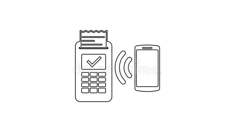 Grey POS terminal with printed reciept and confirms the payment by smartphone line icon on white background. NFC payment royalty free illustration