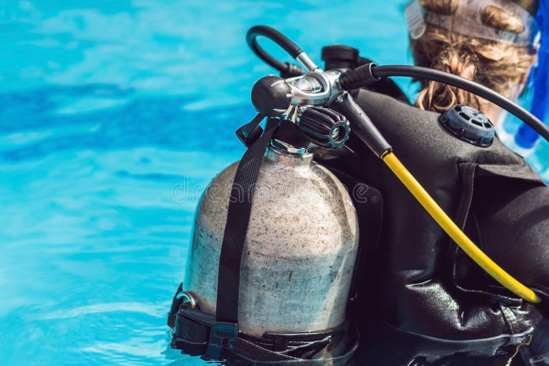 Grey Scuba Diving Air Oxygen Tank on the Back of a Scuba Diver BANNER, Long Format Stock Image