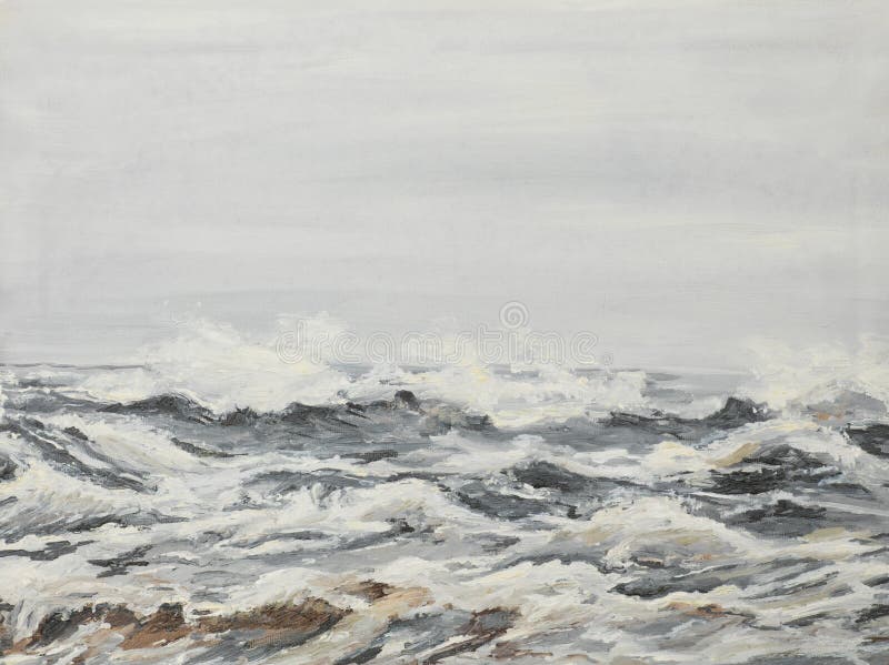 Pittura ad olio illustrando agitato le onde del mare in un giorno nuvoloso.