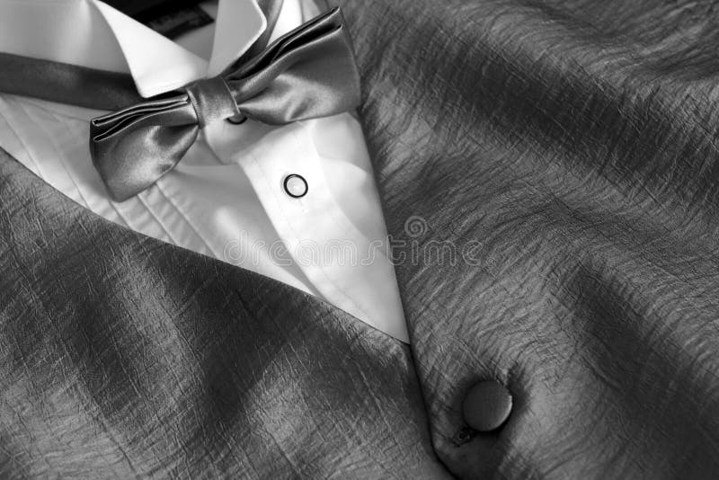 Grey silver jacket with a white shirt and bow tie