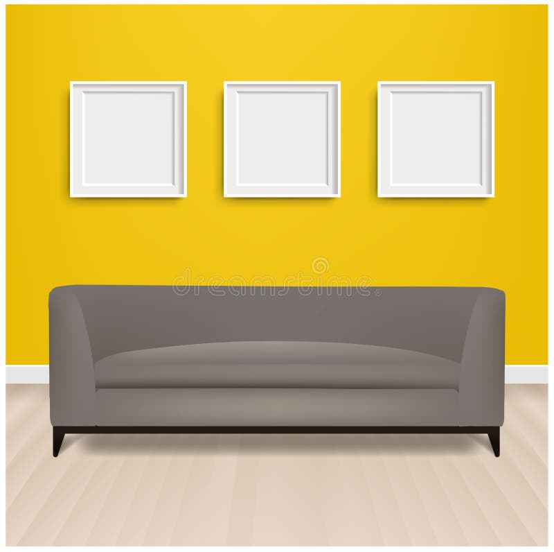 Grey Sofa Bed With And Picture Frame And Yellow Background stock illustration