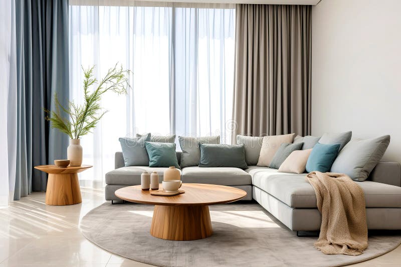 Grey Sofa with Blue Pillows in Room with Panoramic Windows Dressed with