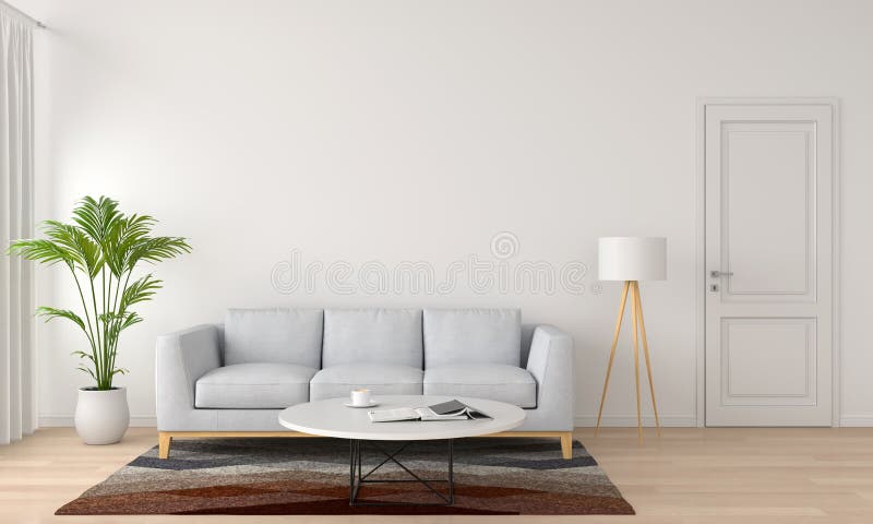 Grey sofa and lamp in white living room, 3D rendering vector illustration