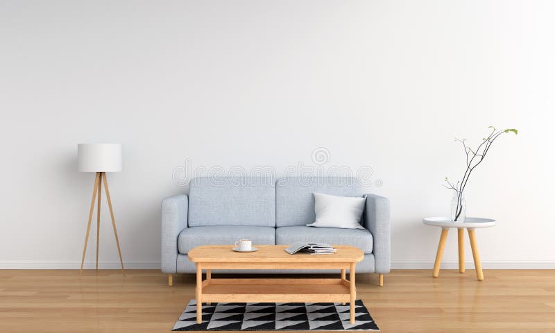 Grey sofa and lamp in white living room, 3D rendering royalty free illustration