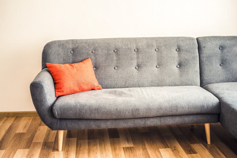 Grey Sofa in Living Room with Red Pillow. Stock Image Image of empty