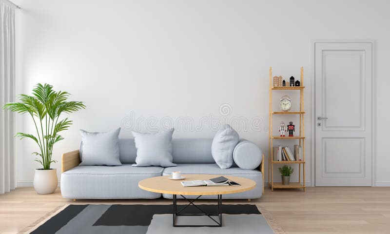 Grey sofa in white living room, 3D rendering stock illustration