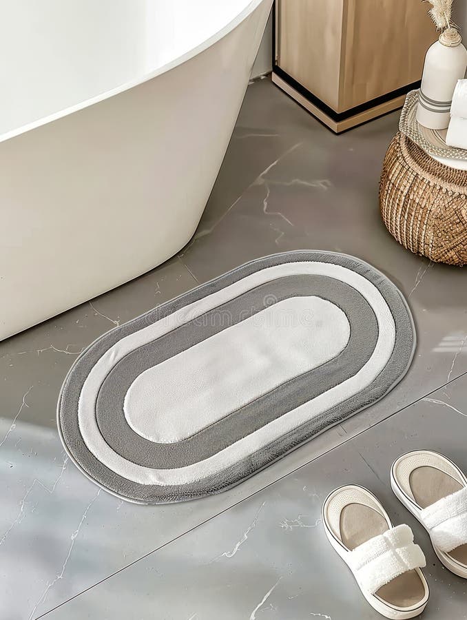 A Grey and White Oval Bath Mat in a Modern Bathroom Stock Image - Image of supplies, bath: 327194337