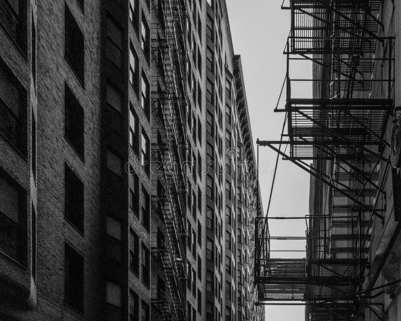 Greyscale Shot of a Downtown Chicago Fire Stairs Editorial Stock Image
