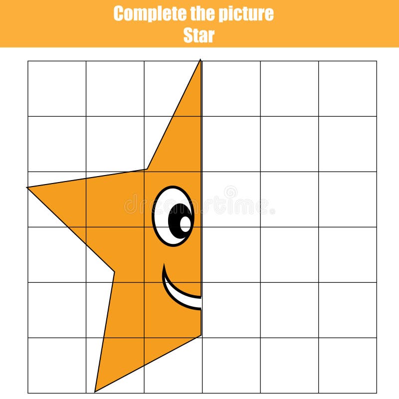 Grid copy game, complete the picture children , coloring page. Kids activity sheet with star shape