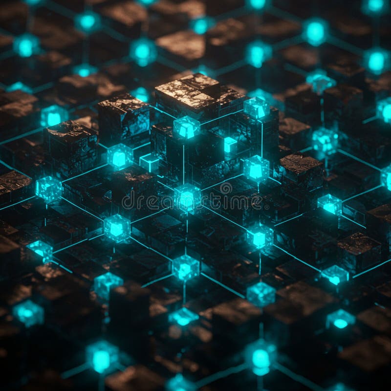 A grid-like structure features interconnected cubes with glowing teal lights. The cubes royalty free illustration
