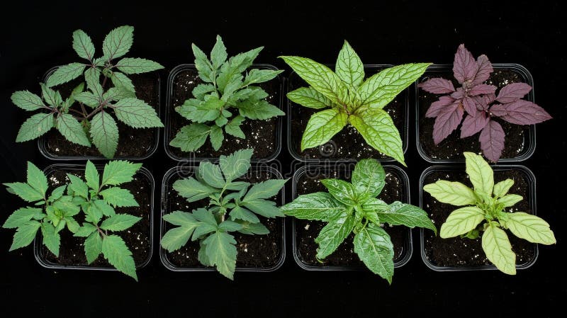 A grid of nine potted plants with varying shades of green leaves. royalty free stock photos