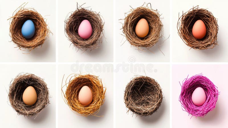 A grid of six nests, each containing a single egg, with the eggs in various colors. The image presents a grid of six distinct nests, each containing a single egg. The nests are arranged in a 2x3 grid, with the top row featuring a blue egg, a pink egg, and an orange egg. The bottom row disppotato chips a brown egg, a light brown egg, and a pink egg. Each nest is crafted from twigs and branches, giving them a rustic appearance. The eggs are nestled comfortably within their respective nests, creating a visually appealing and harmonious composition. AI generated