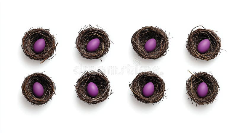 A grid of six nests, each containing a single purple egg. stock photo