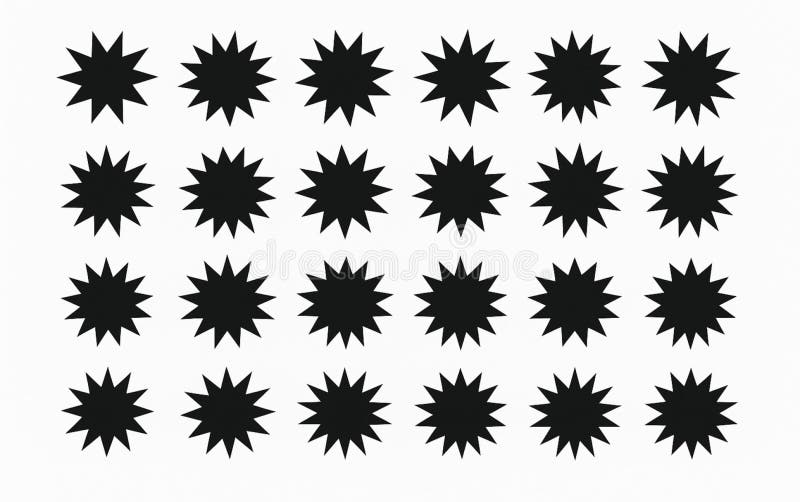 A grid of twenty black starburst shapes with twelve points each, set against a plain white background stock illustration