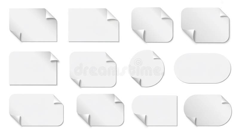 Grid of various white paper shapes with curled corners on a light gray background grid of various white paper shapes with curled imagenes de archivo