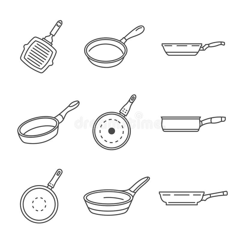 Griddle niecki ikony set, konturu styl ilustracji Griddle niecki ikony set, konturu styl ilustracji