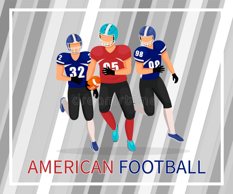 Gridiron players running after man with ball in hands. American football game or match. People competing in competition. Young college team training and practicing skills. Vector in flat style. Gridiron players running after man with ball in hands. American football game or match. People competing in competition. Young college team training and practicing skills. Vector in flat style