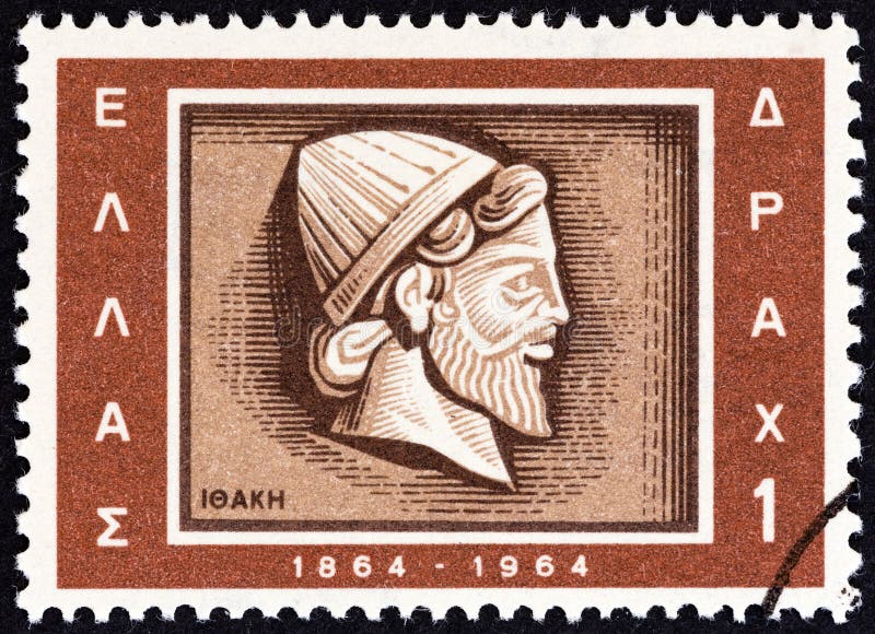 GRIECHENLAND - CIRCA 1964: Ein in Griechenland ausgedruckter Stempel zeigt den Leiter des Odysseus-Emblems von Ithaca um 1964 lizenzfreies stockfoto GRIECHENLAND - CIRCA 1964: Ein in Griechenland ausgedruckter Stempel zeigt den Leiter des Odysseus-Emblems von Ithaca um 1964 lizenzfreies stockfoto