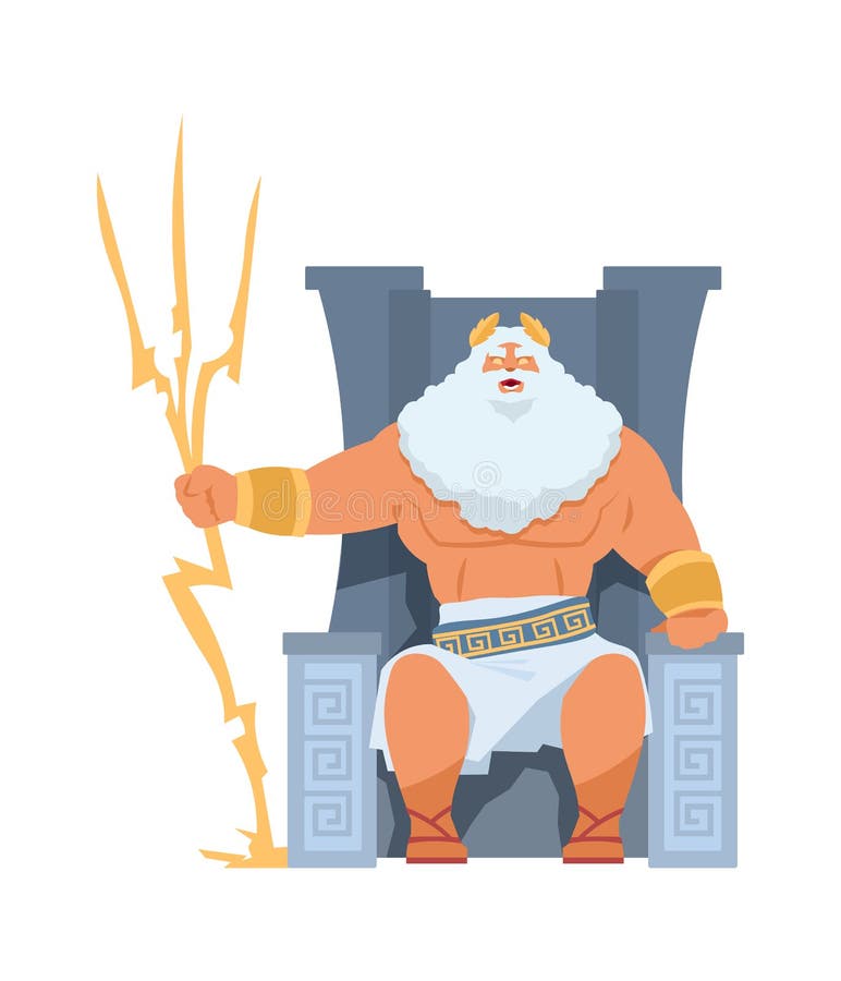 Griechischer Gott des Zeus. alter Charakterkopf des Pantheons. bärtiger Mann, der auf der olympischen Mann des Thrones mit goldene lizenzfreie abbildung