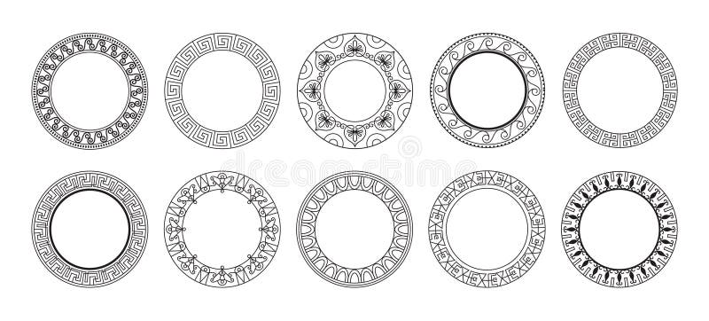 Griechisches Muster. kreisalterliche Ornament runder Kunst Rand Textur oder Wanddekor Element. mediterrane Vase antike stock abbildung