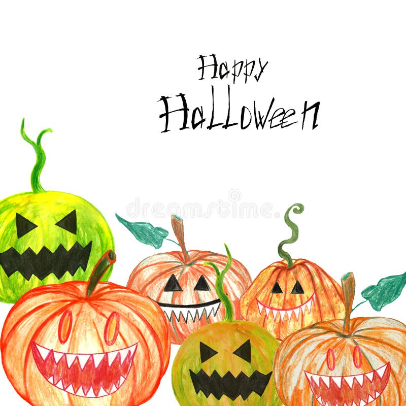 Griezelig Halloween gesneden hand getrokken pompoenengrens op wit vector illustratie Griezelig Halloween gesneden hand getrokken pompoenengrens op wit vector illustratie