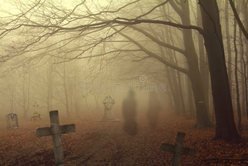 Spooky cemetery in forest with ghosts. Spooky cemetery in forest with ghosts