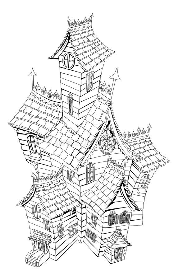 Black and white illustration of a haunted ghost house. Black and white illustration of a haunted ghost house