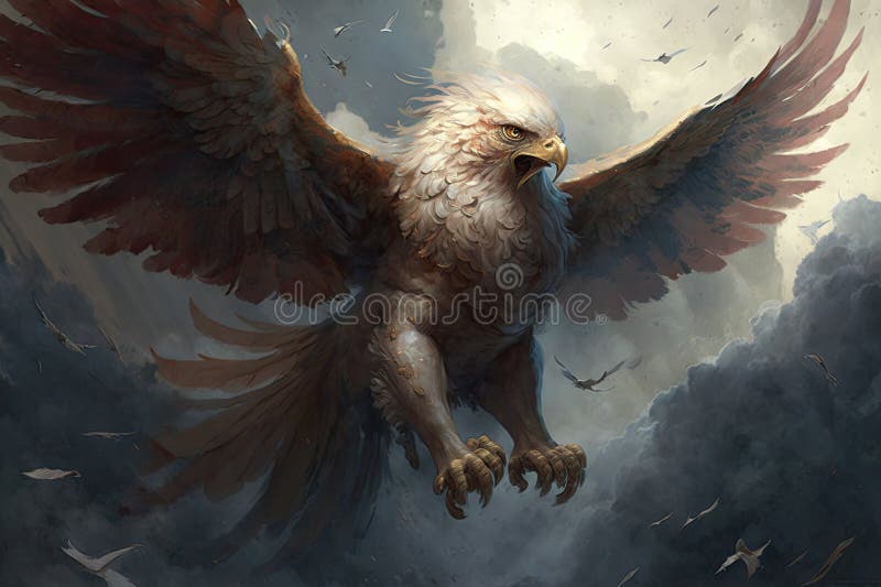 Griffin Soaring through the Clouds, Its Wings Spread Wide Stock