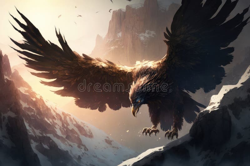 Griffin Soaring Over Mountain Range, Its Wings Casting Shadow Stock