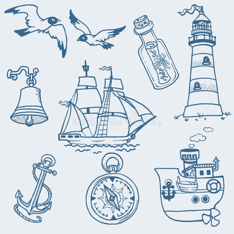 Nautical doodles - Hand drawn collection in. Nautical doodles - Hand drawn collection in