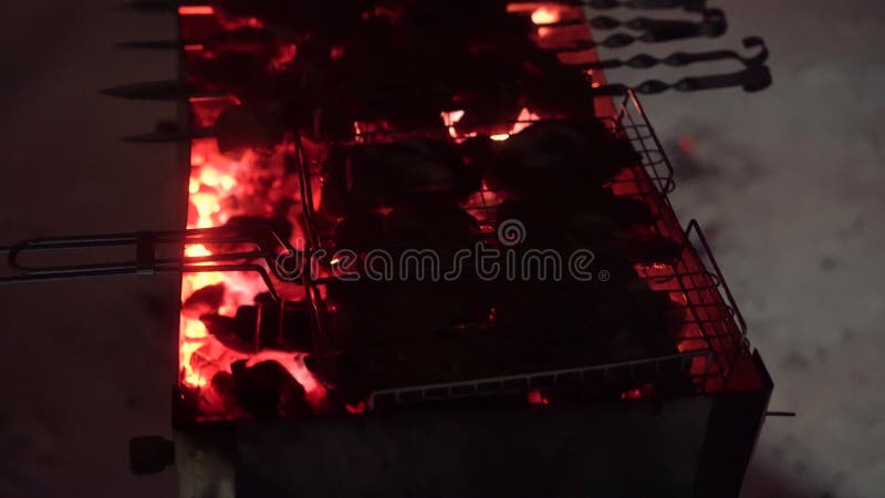 Grigli, friggendo la carne fresca, barbecue del pollo, la salsiccia, il kebab, l'hamburger, le verdure, il BBQ, il barbecue, frut stock footage Grigli, friggendo la carne fresca, barbecue del pollo, la salsiccia, il kebab, l'hamburger, le verdure, il BBQ, il barbecue, frut stock footage