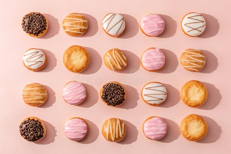 Griglia di piegatura di mini ciambelle assortite su sfondo rosa illustrazione vettoriale