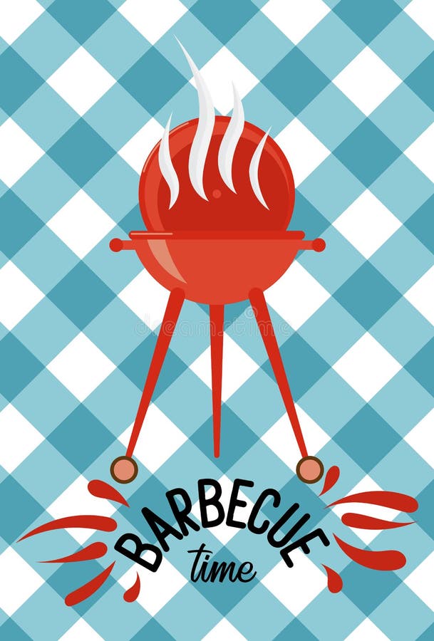 Griglia di tempo del barbecue sopra il fondo della tovaglia Progettazione piana variopinta Illustrazione Iscrizione del logo con illustrazione vettoriale Griglia di tempo del barbecue sopra il fondo della tovaglia Progettazione piana variopinta Illustrazione Iscrizione del logo con illustrazione vettoriale