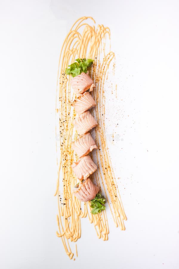 Grilled Salmon Roll, Rice Roll of Japanese Smoke Salmon. Stock Photo
