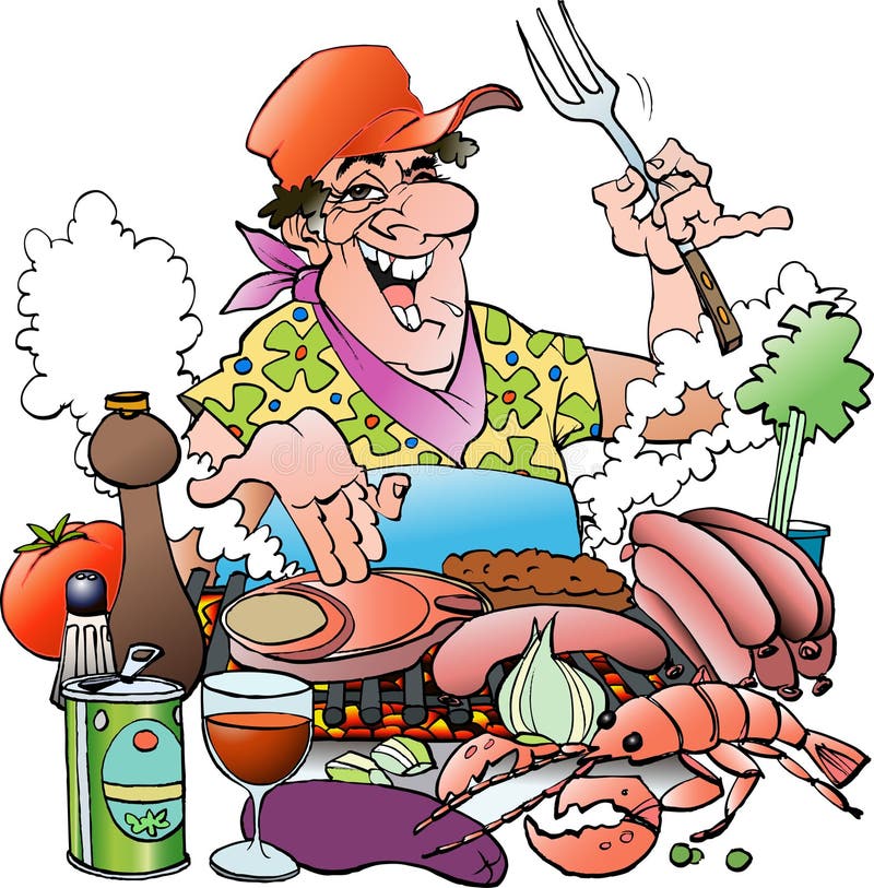 Vector cartoon illustration of a Grill master inviting to a grill party